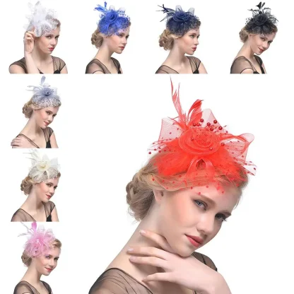 Mesh Flowers Fascinator with Feathers - Image 2